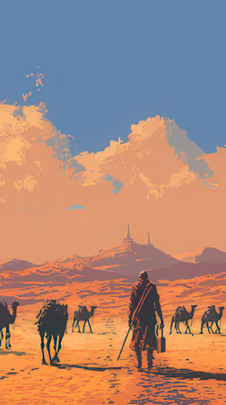 Illustration of a camel caravan with tourists in the mountains at sunsetの素材