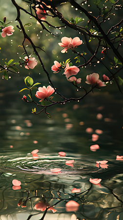 Branch of blossoming magnolia tree with pink flowers on water surfaceの素材