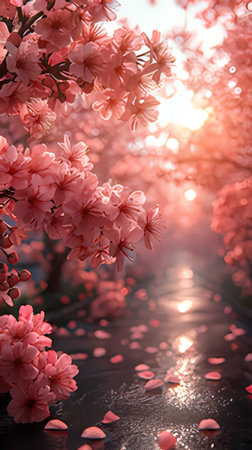 cherry blossom in the morning with sun light and copy spaceの素材