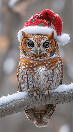 Tawny Owl (Strix aluco) in Santa Claus hatの素材