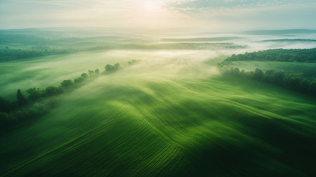 Aerial view of green meadow and forest in morning mist at sunriseの素材