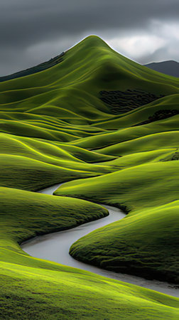 Beautiful landscape with green hills and winding river, 3d renderの素材