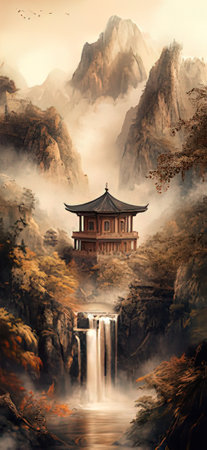 Beautiful temple in the mountains in the fog. Digital painting.の素材