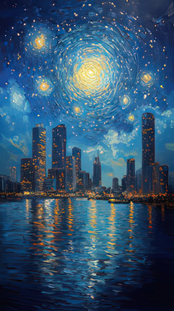Night view of the skyscrapers of the modern city. Oil painting styleのeditorial素材
