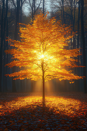 autumnal tree in the forest with sunbeams and fogの素材