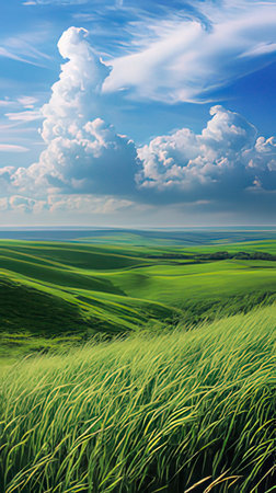 Green field and blue sky with clouds. Nature composition. 3d renderの素材