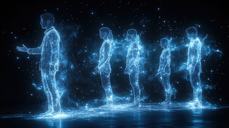 Digital composite of 3D man with blue light and particles over dark backgroundの素材
