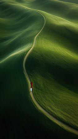 Aerial view of a small road in the middle of a green fieldの素材