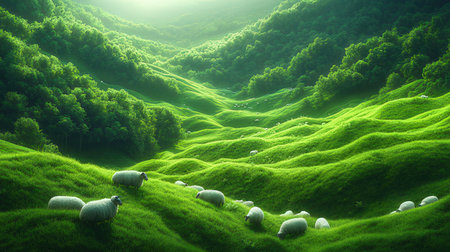 Sheep on the hillside with green grass and foggy morningの素材