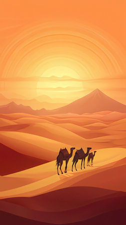 Camel caravan in the desert at sunset. Vector illustration for your designの素材