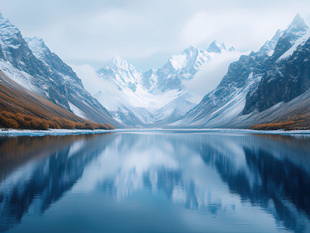 Mountain landscape with lake and snow-capped peaks reflected in waterの素材