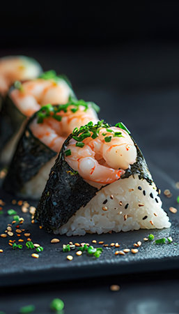 Sushi roll with shrimps and rice on a black backgroundの素材