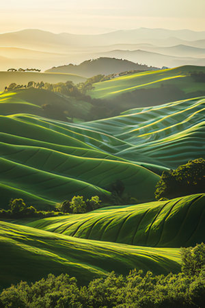 Rows of green hills in the morning light. Tuscany, Italyの素材