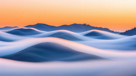 Fantasy landscape with mountains and fog in the sunset. 3D illustrationの素材