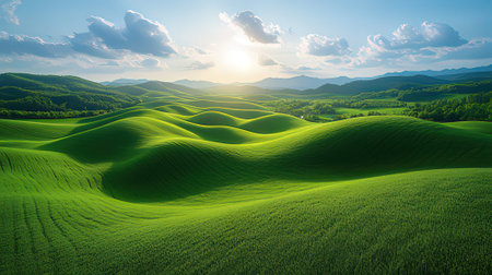 Beautiful landscape with green hills and blue sky. 3d renderingの素材
