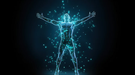 Human body with glowing particles on a dark background. 3d renderingの素材