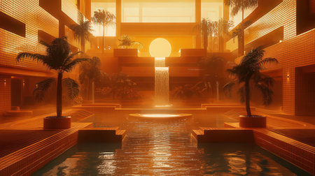 3d render of a swimming pool in a hotel with palm treesの素材