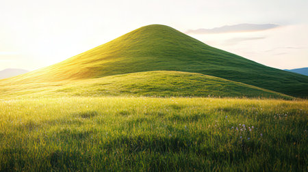 Sunset in the mountains. Green grass and flowers on the hillの素材