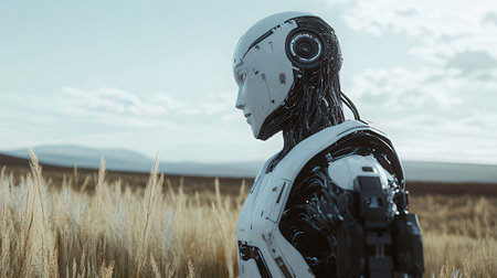 3D rendering of a female robot in a field with grassesの素材