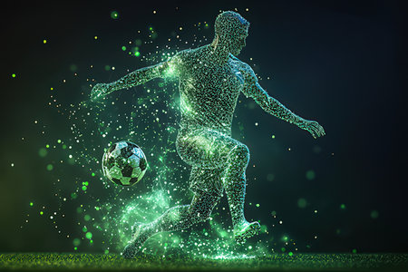 Soccer player in action with particles and light effects. 3D renderingの素材