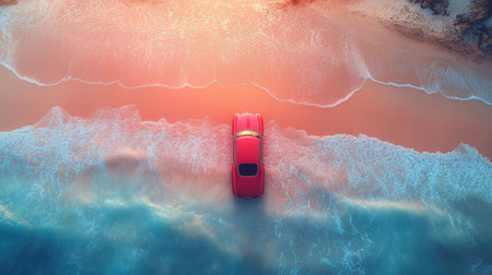 Red car on the beach at sunset. Aerial view. 3d renderingの素材