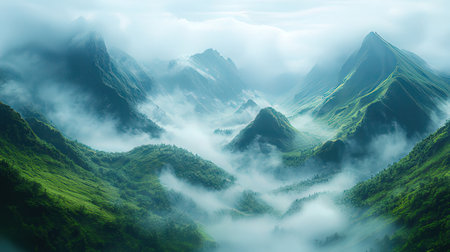Mountain landscape with fog. Panoramic view of the mountains.の素材
