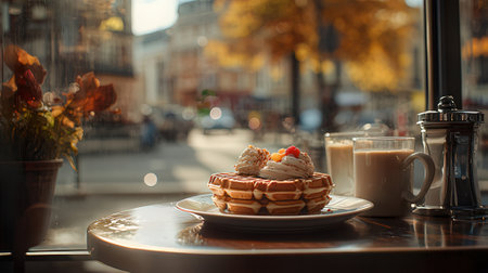 Breakfast with waffles and cup of coffeeの素材