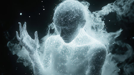 3D rendering of a female figure made of blue particles against a dark backgroundの素材