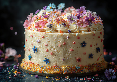 Birthday cake decorated with flowers and confetti on a dark backgroundの素材