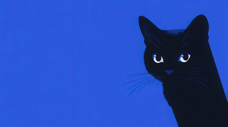 Illustration of a black cat on a blue background with copy spaceの素材