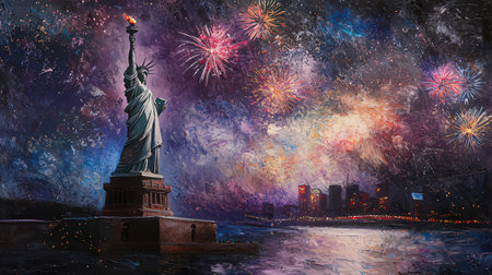 Statue of Liberty and fireworks in New York City, USA.の素材