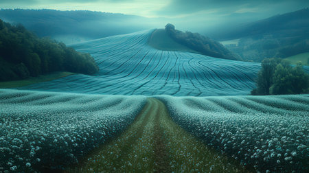 Cotton field in the morning mist. Panoramic view.の素材