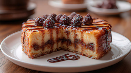 Cheesecake with raspberries and chocolate sauce on a white plateの素材