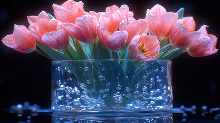 Bouquet of pink tulips in a glass vase on a black backgroundの素材