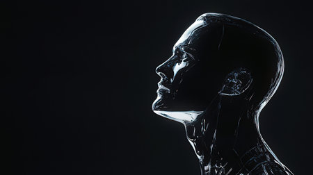 3d rendering of a female robot head on black background with copy spaceの素材