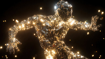 3d illustration of a futuristic man made of shiny particles on a black backgroundの素材