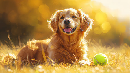 Cute golden retriever dog with tennis ball lying on the grassの素材