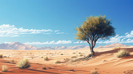 Desert landscape with lonely tree and blue sky. 3d renderingの素材