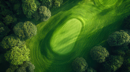 Aerial view of a green golf course in the middle of the forestの素材