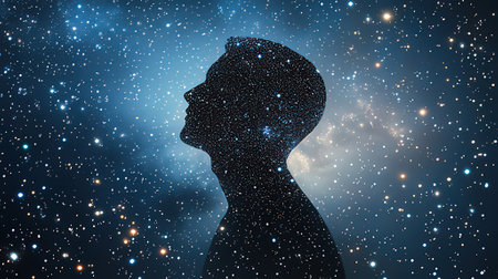 Man silhouette against night sky with stars and nebula 3D renderingの素材