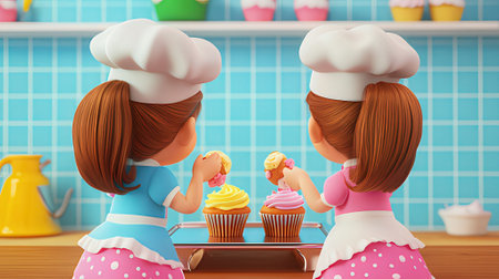 3D illustration of two girls baking cupcakes in the kitchen.の素材