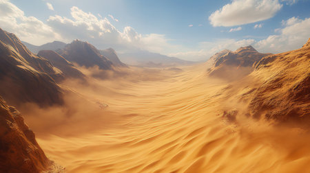 Desert landscape with mountains and dunes under a clear sky.の素材