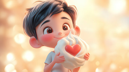 Cute cartoon boy holding a big heart. 3d rendering.の素材