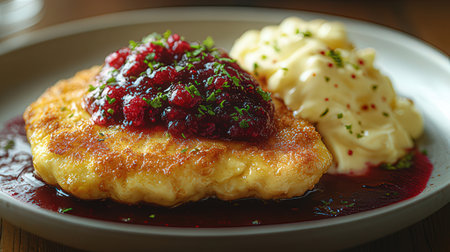Potato pancakes with berry sauce and mashed potatoes on a plateの素材