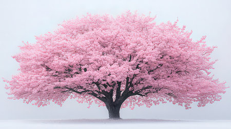 Cherry blossom tree in foggy winter day with pink flowersの素材