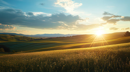 Sunset over green field. Tuscany, Italy, Europe.の素材