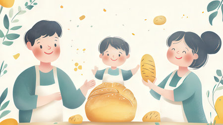 Happy family with bread in the kitchen. Vector illustration of happy family.の素材