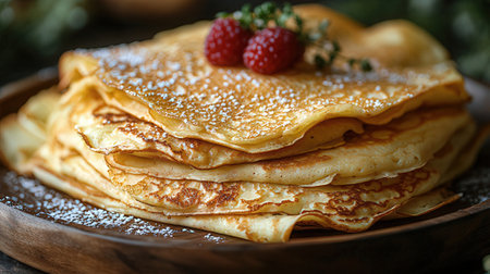 Stack of pancakes with raspberries on a wooden plate, closeupの素材