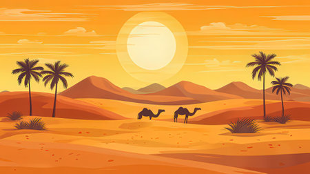 Desert landscape with palm trees and camels. Vector illustration.の素材