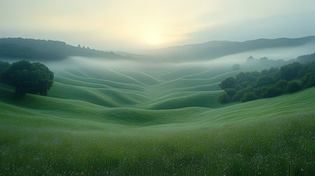 Rural landscape with hills and meadows in the morning mist.の素材